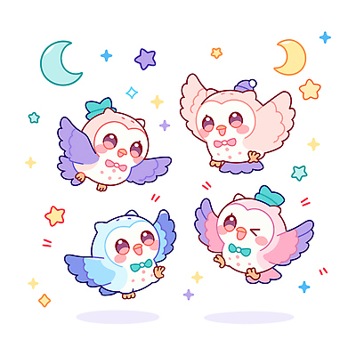 자연요소 감정 컨셉 조류 하늘 문화예술 사람 야외활동 야간 파일형식 벡터 올빼미 귀여움 밤하늘 달 별 춤 컬러 동물 캐릭터 어린이 이미지 디자인 즐거움 동화 소풍 국내일러스트 AI파일 일러스트 부엉이