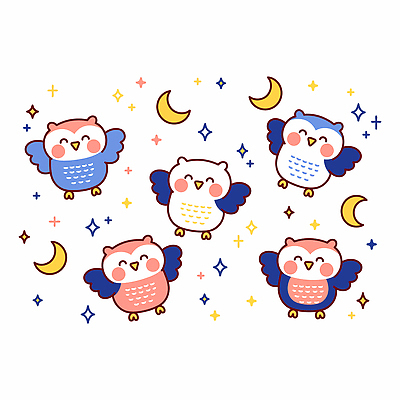 자연요소 컨셉 조류 광석 파일형식 벡터 부엉이 달 별 하늘 비행 컬러 귀여움 동물 날개 디자인 그림 장식 캐릭터 모션 보석 그래픽 국내일러스트 AI파일 일러스트