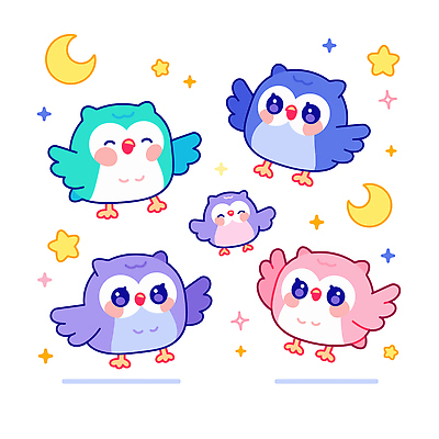 자연요소 동물 감정 컨셉 무늬 조류 사람 감각 파일형식 벡터 부엉이 별 달 하늘 비행 컬러 모임 귀여움 캐릭터 그래픽 디자인 편안함 어린이 즐거움 모양 패턴 국내일러스트 AI파일 일러스트