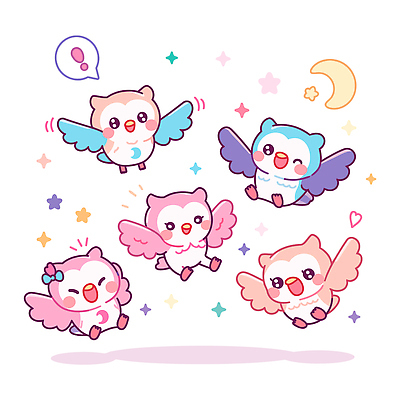 자연요소 감정 조류 날씨 파일형식 벡터 올빼미 하늘 비행 컬러 캐릭터 장식 별 달 그림 모션 날개 맑음 표현 동물 그룹 즐거움 국내일러스트 AI파일 일러스트 부엉이