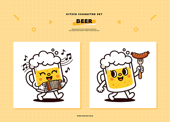 캐릭터 감정 음악 컬러 문화예술 주류 이벤트 가공식품 파일형식 벡터 맥주 소시지 악기 연주 음식 노란색 즐거움 디자인 장식 파티 음료 조명 AI파일 일러스트 일러캐릭터