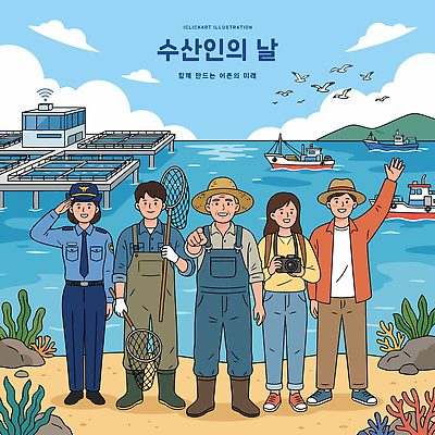 바다 일러스트 모션 작업복 대화 어업 이벤트 여러명 환경 어부 해산물 생태계 어획 수산인의날 국내일러스트 AI파일 직업 옷 산업 다수 말하기 사람 파일형식 벡터 법정기념일