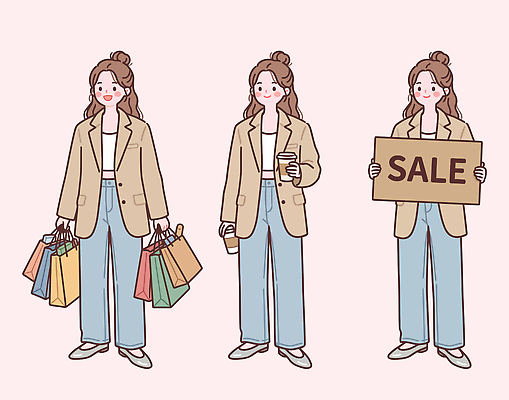 캐릭터 디자인 패션 커피 가방 일러스트 모션 아이디어 사람 쇼핑 유행 세일 상점 카페 소비 쇼핑몰 심볼 즐거움 봄옷 국내일러스트 AI파일 잡화 옷 감정 음료 컨셉 봄 파일형식 벡터