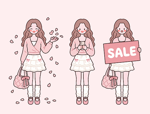 잡화 옷 꽃 컬러 표정 사람 신체부위 봄 파일형식 벡터 여자 어린이 꽃잎 전화기 세일 분홍색 가방 드레스 모션 캐릭터 쇼핑 패션 손 웃음 스타일 AI파일 일러스트 봄옷 국내일러스트