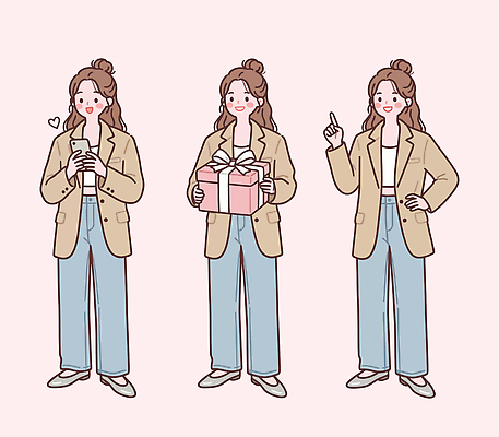 캐릭터 디자인 옷 여자 포즈 생각 일러스트 바지 손가락 모션 이야기 선물 미소 핸드폰 쇼핑 스크린 기쁨 편안함 봄옷 국내일러스트 AI파일 손 감정 하의 표정 사람 전자제품 봄 감각 파일형식 벡터