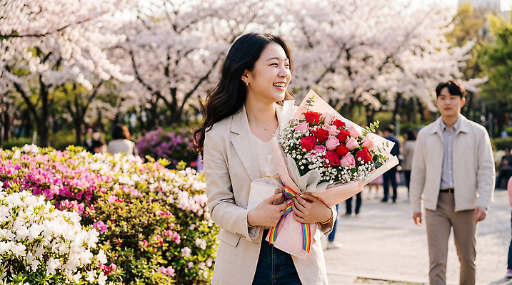 JPG 편집이미지 공원 여자 남자 꽃 행복 컬러 꽃다발 자연 거리 꽃나무 사람 봄 산책 벚꽃 향수 즐거움 성년의날 의료성형뷰티 편집실사 AI인물포토 AI콘텐츠 나무 식물 계절 공공시설 기념일 감정 휴식 화장품 CG 생태계 파일형식 AI포토