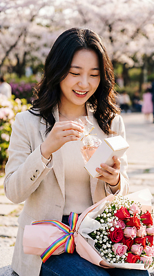 JPG 편집이미지 공원 여자 꽃다발 자연 선물 미소 이벤트 봄 산책 기쁨 벚꽃 크리스탈 향수 뷰티풀 성년의날 의료성형뷰티 편집실사 AI인물포토 AI콘텐츠 계절 공공시설 기념일 꽃 감정 휴식 표정 사람 화장품 광석 CG 생태계 파일형식 AI포토