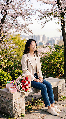 JPG 나무 편집이미지 여자 꽃 행복 감정 꽃다발 자연 앉기 정원 봄 벚꽃 도시 향수 일과 성년의날 초봄 의료성형뷰티 편집실사 AI인물포토 AI콘텐츠 식물 계절 기념일 모션 사람 화장품 CG 생태계 파일형식 AI포토