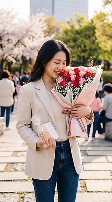 JPG 나무 편집이미지 공원 여자 꽃다발 벤치 모션 자연 웃음 이벤트 야외 봄 만남 향수 성년의날 의료성형뷰티 편집실사 AI인물포토 AI콘텐츠 식물 계절 공공시설 기념일 꽃 컨셉 의자 표정 사람 화장품 CG 생태계 파일형식 AI포토