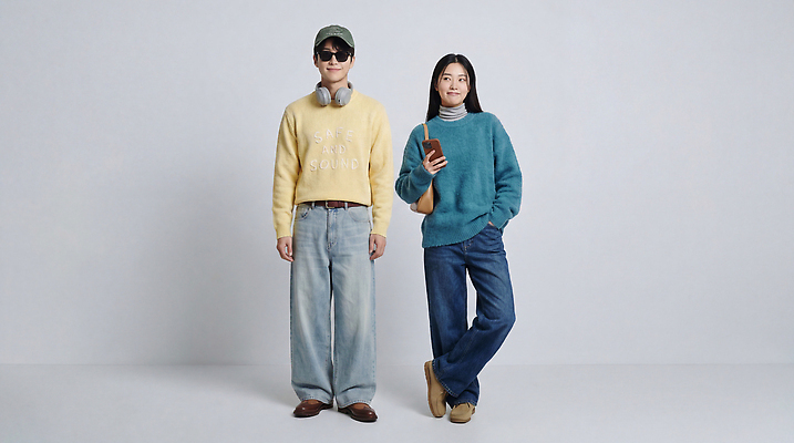 JPG 모델 편집이미지 커플 여자 패션 남자 실내 파란색 노란색 공간 스웨터 의료성형뷰티 스타일 편집실사 AI인물포토 AI콘텐츠 컬러 상의 관계 사람 내부 CG 파일형식 AI포토