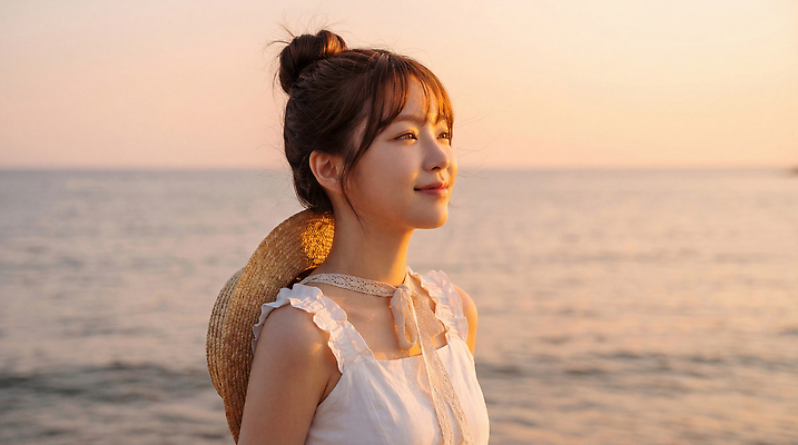 JPG 편집이미지 바다 하늘 날씨 따뜻함 웃음 사람 풍경 해변 여름 일몰 조용 나시원피스 의료성형뷰티 수평선 편집실사 AI인물포토 AI콘텐츠 계절 원피스 표정 노을 CG 파일형식 AI포토