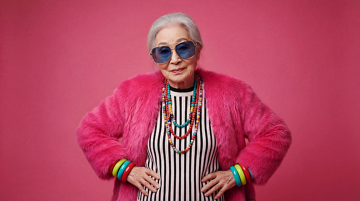 JPG 편집이미지 라이프스타일 옷 패션 노년 할머니 분홍색 포즈 백그라운드 목걸이 장신구 팔찌 사람 선글라스 줄무늬 눈썹 의료성형뷰티 스타일 편집실사 AI인물포토 AI콘텐츠 여자 안경 얼굴 컬러 무늬 성인 생활 CG 파일형식 AI포토