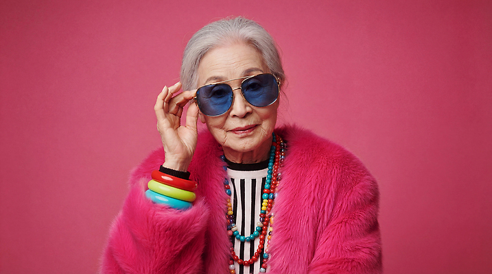 JPG 편집이미지 라이프스타일 여자 패션 노년 분홍색 백그라운드 목걸이 장신구 팔찌 미소 컬러풀 선글라스 착용 의료성형뷰티 스타일 편집실사 AI인물포토 AI콘텐츠 안경 컬러 표정 사람 성인 생활 CG 파일형식 AI포토