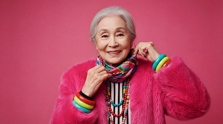 JPG 편집이미지 라이프스타일 손 여자 패션 노년 행복 분홍색 컬러 백그라운드 장신구 팔찌 웃음 스카프 고령 의료성형뷰티 스타일 편집실사 AI인물포토 AI콘텐츠 감정 표정 사람 성인 생활 신체부위 목도리 경상북도 CG 파일형식 AI포토