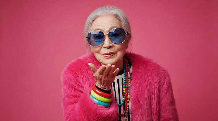 JPG 편집이미지 라이프스타일 패션 노년 행복 할머니 분홍색 컬러 백그라운드 장신구 표정 사랑 웃음 선글라스 의료성형뷰티 스타일 편집실사 AI인물포토 AI콘텐츠 여자 감정 안경 성인 생활 CG 파일형식 AI포토