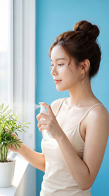 JPG 식물 편집이미지 여자 꽃 화초 집안 관리 일상 초록색 햇빛 정원 방 서재 창가 물주기 스프레이 의료성형뷰티 편집실사 AI인물포토 AI콘텐츠 컬러 창문 모션 실내 사람 라이프 태양 CG 파일형식 AI포토