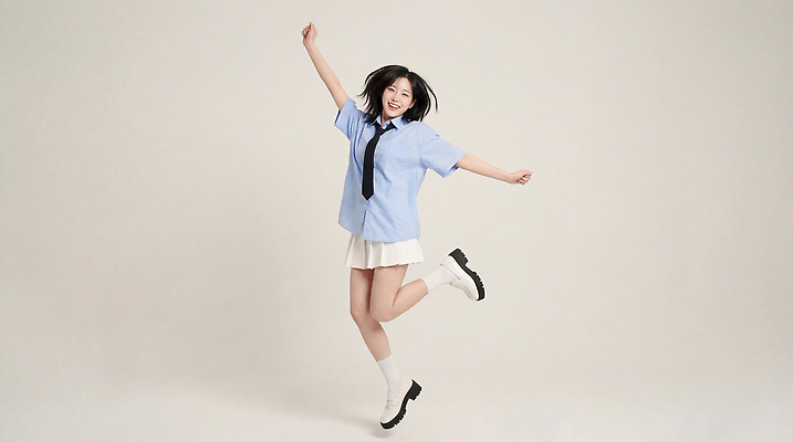 JPG 편집이미지 여자 행복 백그라운드 셔츠 모션 넥타이 웃음 파란색 점프 기쁨 흰색 찡그림 연령 즐거움 특징 의료성형뷰티 편집실사 AI인물포토 AI콘텐츠 잡화 감정 컬러 상의 표정 사람 CG 파일형식 AI포토