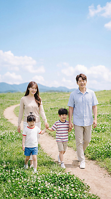 JPG 편집이미지 행복 길 가족 자연 하늘 함께함 풍경 초원 여름 부모 손잡기 산책 즐거움 의료성형뷰티 편집실사 AI인물포토 AI콘텐츠 계절 감정 컨셉 관계 모션 휴식 CG 생태계 파일형식 AI포토
