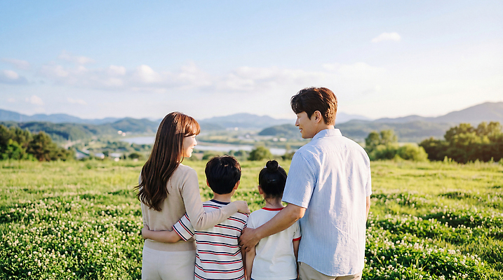 JPG 편집이미지 행복 가족 모션 자연 하늘 산 웃음 풍경 초원 초록색 여름 부모 산책 자녀 오후 의료성형뷰티 편집실사 AI인물포토 AI콘텐츠 계절 감정 컬러 관계 휴식 표정 CG 생태계 파일형식 AI포토