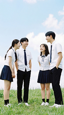 JPG 편집이미지 교복 학교 모션 청소년 자연 하늘 고등학생 이야기 웃음 초원 친구 모임 즐거움 소통 의료성형뷰티 편집실사 AI인물포토 AI콘텐츠 학생 옷 교육 감정 컨셉 관계 표정 사람 CG 생태계 파일형식 AI포토