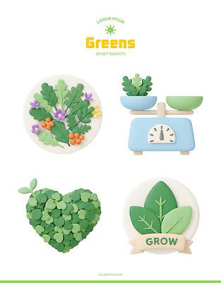 도형 식물 컨셉 3D 생태계 나물 파일형식 모형 채소 디자인 컬러 원형 잎 자연 심플 그래픽 배열 세트 아이디어 창작 편집3D PSD 편집이미지 봄나물