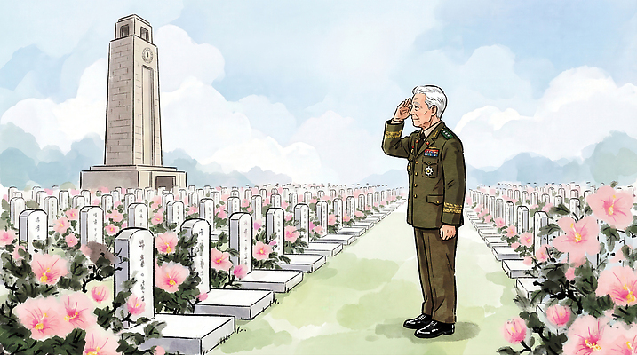 JPG 기념일 꽃 일러스트 평화 군인 무덤 봉사 역사 추억 비석 군복 전쟁 일렬 손수건 경례 전쟁기념비 추모 국내일러스트 AI일러스트 AI콘텐츠 식물 직업 컨셉 유니폼 이벤트 인사 도움 기념비 국군 파일형식