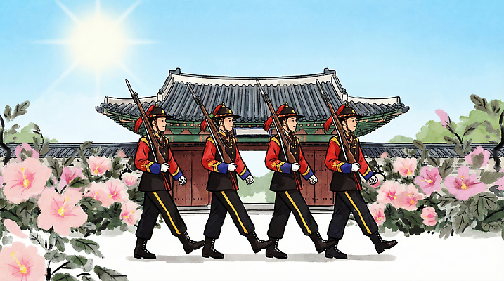 JPG 꽃 문화 여행 일러스트 한국 풍경 관광지 햇빛 봄 궁전 군인 수비 의식 역사 전통의상 조선소 경복궁 세종대왕 정문 행진 국내일러스트 AI일러스트 AI콘텐츠 식물 직업 전통 계절 산업 아시아 고건축 모션 태양 문 왕 국군 파일형식