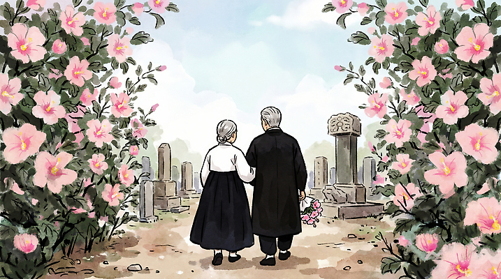 JPG 꽃 길 일러스트 가족 자연 기념 사랑 라이프 평화 걷기 손잡기 노부부 무덤 추억 애도 장례 꽃길 국내일러스트 AI일러스트 AI콘텐츠 식물 부부 감정 컨셉 관계 모션 생활 생태계 파일형식