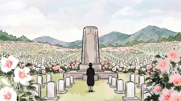 JPG 꽃 꽃밭 일러스트 자연 산 기념 사랑 사람 풍경 평화 고요 슬픔 무덤 영혼 추억 기념비 화사함 방문 추모 국내일러스트 AI일러스트 AI콘텐츠 식물 감정 컨셉 생태계 파일형식