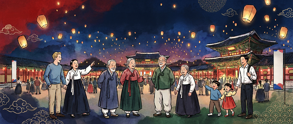 JPG 전통 명절 행복 문화 일러스트 가족 하늘 한국 이야기 웃음 풍경 여러명 축제 희망 궁전 모임 시간 전통의상 즐거움 인연 야간개장 국내일러스트 AI일러스트 AI콘텐츠 기념일 감정 아시아 다수 고건축 관계 표정 사람 야간 파일형식