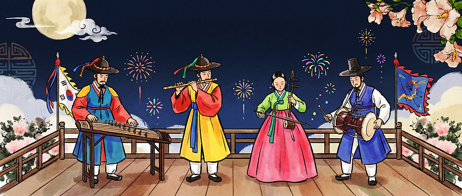 JPG 전통 문화 악기 음악 연주 일러스트 한국 불꽃놀이 풍경 여러명 축제 공연 궁전 무대 춤 역사 전통의상 플루트 피리 가야금 생필품 야간개장 국내일러스트 AI일러스트 AI콘텐츠 아시아 다수 고건축 놀이 현악기 문화예술 국악기 관악기 사람 이벤트 야간 목관악기 오브젝트 파일형식