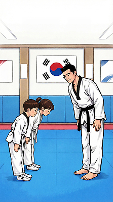 JPG 학생 전통 교육 어린이 스포츠 일러스트 교실 한국 기술 도복 도장 운동 격투기 인사 태극기 연습 체육관 유도 경례 검은띠 사범 국내일러스트 AI일러스트 AI콘텐츠 옷 아시아 스포츠용품 학교 건강 사람 예절 끈 국기 파일형식