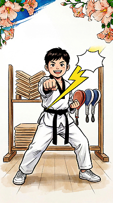 JPG 남자 어린이 스포츠 컬러 일러스트 기술 건강 도복 운동 대련 주먹 도구 킥 연습 태권도 체육관 국내일러스트 AI일러스트 AI콘텐츠 옷 모션 사람 격투기 파일형식