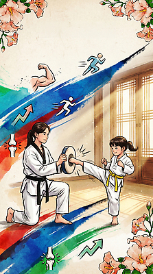 JPG 교육 어린이 포즈 일러스트 수업 기술 학습 도장 운동 강사 힘 성장 킥 집중 연습 태권도 체육관 무릎보호대 노란띠 국내일러스트 AI일러스트 AI콘텐츠 직업 스포츠용품 컨셉 모션 건강 사람 격투기 끈 파일형식