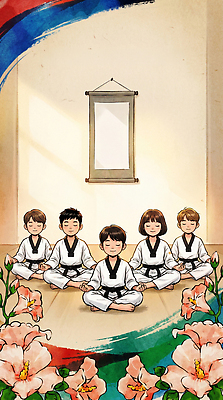 JPG 교육 꽃 포즈 일러스트 모션 여름 친구 학습 도장 운동 평화 마음 시간 편안함 집중 명상 태권도 심호흡 국내일러스트 AI일러스트 AI콘텐츠 식물 계절 컨셉 관계 건강 격투기 감각 호흡 파일형식