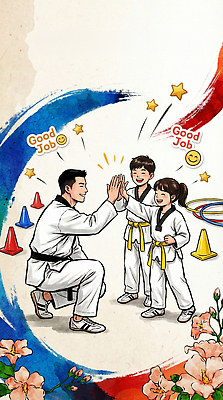 JPG 감정 초등학생 어린이 스포츠 지도 일러스트 모션 수업 협력 웃음 친구 운동 감독 목표 연습 즐거움 태권도 하이파이브 국내일러스트 AI일러스트 AI콘텐츠 직업 학생 교육 컨셉 관계 표정 건강 사람 손짓 격투기 파일형식