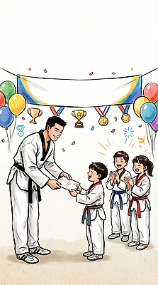 JPG 학생 감정 어린이 일러스트 성공 기념 이벤트 학습 운동 축하 결과 박수 상패 트로피 메달 연습 태권도 대회 동아리 수여 심사위원 국내일러스트 AI일러스트 AI콘텐츠 교육 컨셉 건강 사람 손짓 격투기 상_우승 상_상패 파일형식