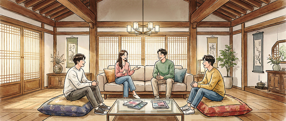 JPG 한국문화 여자 거실 일러스트 날씨 한국 대화 친구 인테리어 소파 모임 편안함 쌀밥 소통 친목 전통집 국내일러스트 AI일러스트 AI콘텐츠 동양문화 디자인 아시아 컨셉 의자 관계 밥 주택 말하기 사람 감각 파일형식