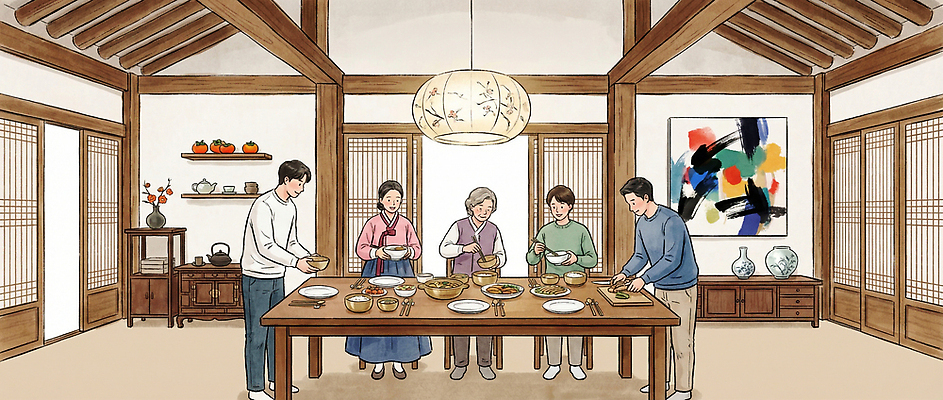 JPG 전통 그릇 문화 음식 일러스트 가족 탁자 한국 대화 요리 여러명 고객 즐거움 준비 나물 레시피 교류 소통 국내일러스트 AI일러스트 AI콘텐츠 식기 감정 아시아 가구 다수 컨셉 채소 관계 말하기 사람 파일형식