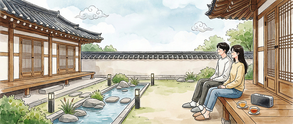 JPG 전통 외관 여자 남자 벤치 일러스트 자연 한옥 한국 대화 앉기 풍경 일상 물 정원 공간 돌_바위 시간 분위기 편안함 국내일러스트 AI일러스트 AI콘텐츠 자연요소 한국전통 아시아 컨셉 고건축 의자 모션 말하기 사람 라이프 감각 생태계 파일형식