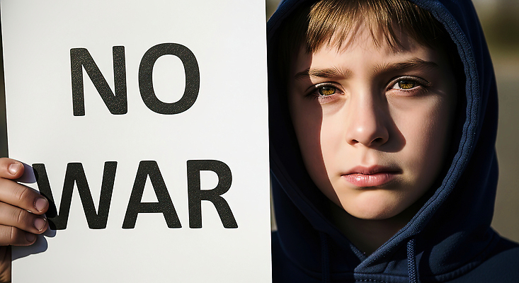 JPG 편집이미지 모션 거리 소년 평화 팻말 메시지 전쟁 문제 반대 목소리 시위 관심 인권 참여 의료성형뷰티 편집실사 AI인물포토 AI콘텐츠 남자 어린이 컨셉 프레임 CG 파일형식 AI포토