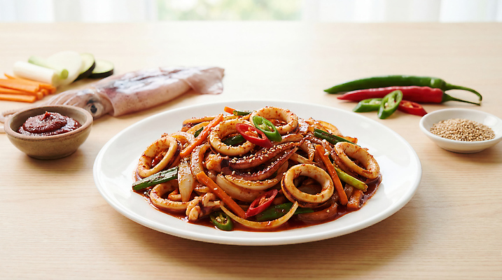 JPG 편집이미지 한식 채소 재료 고추 탁자 요리 식사 양념 맛 장 해산물 오징어 준비 볶음 오징어볶음 편집실사 AI포토 AI콘텐츠 음식 가구 컨셉 연체동물 수중동물 CG 파일형식