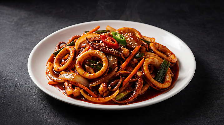 JPG 편집이미지 접시 음식 고추 반찬 양파 한국 요리 검은색 흰색 해산물 오징어 매움 볶음 파 오징어볶음 맛있는 편집실사 AI포토 AI콘텐츠 식기 아시아 컬러 채소 연체동물 수중동물 맛 CG 파일형식