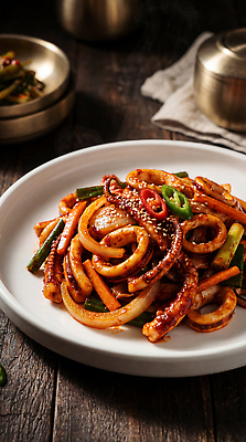 JPG 나무 편집이미지 접시 한식 음식 채소 재료 탁자 요리 식사 양념 맛 오징어 매움 볶음 오징어볶음 편집실사 AI포토 AI콘텐츠 식물 식기 가구 컨셉 연체동물 수중동물 CG 파일형식