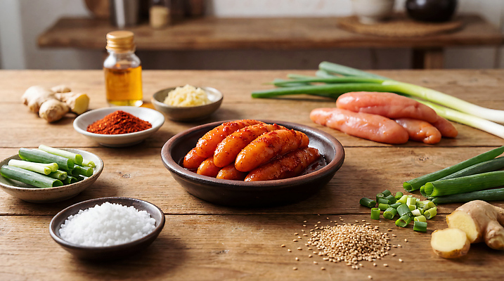 JPG 편집이미지 음식 재료 식탁 주방용품 요리 당근 올리브오일 설탕 준비 소금 파 생강 고춧가루 명란젓 편집실사 AI포토 AI콘텐츠 생활용품 채소 탁자 뿌리채소 기름_음식 가루 CG 젓갈 파일형식