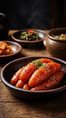 JPG 편집이미지 한식 식탁 반찬 한국 따뜻함 요리 전통음식 저녁 먹기 고구마 순대 명란젓 집밥 맛있는 편집실사 AI포토 AI콘텐츠 전통 아시아 음식 모션 탁자 뿌리채소 야간 CG 젓갈 파일형식