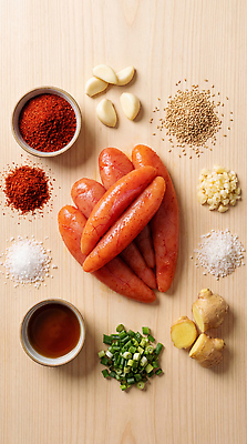 JPG 편집이미지 음식 재료 마늘 요리 주방 식사 양념 소시지 향신료 준비 소금 파 생강 고춧가루 명란젓 편집실사 AI포토 AI콘텐츠 채소 가공식품 가루 CG 젓갈 향미료 파일형식