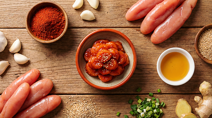 JPG 편집이미지 한식 식재료 재료 탁자 마늘 요리 주방 양념 소시지 간장 생강 대파 고춧가루 명란젓 요리준비 참기름 편집실사 AI포토 AI콘텐츠 음식 가구 채소 가공식품 기름_음식 가루 CG 준비 파 젓갈 파일형식