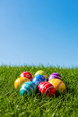 JPG 편집이미지 컬러 자연 하늘 부활절 잔디 초원 장식 빨간색 여름 파란색 햇빛 노란색 계란 보라색 축제 부활절계란 편집실사 AI컴퓨터그래픽 AI콘텐츠 식물 계절 기념일 태양 알 CG 생태계 파일형식