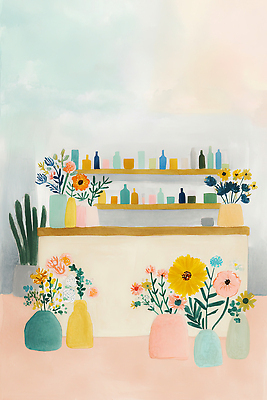 JPG 식물 디자인 꽃 화분 예술 컬러 꽃다발 일러스트 자연 탁자 조명 선반 주택 실내 장식 공간 꽃집 화사함 꾸미기 국내일러스트 AI일러스트 AI콘텐츠 가구 컨셉 내부 건물 상점 생태계 파일형식